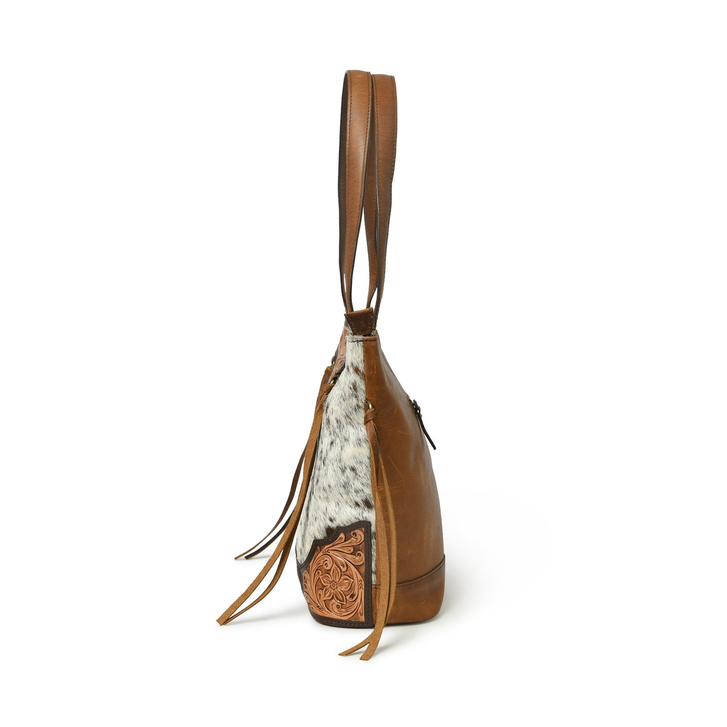 MOUSM Genuine Cow Hide Leather Tote Bag for Women - Tote Bag with Hand-Tooled Floral Patch on Real Hair On Cow Hide Leather Front with Side Fringe, High-Quality Zipper Closure