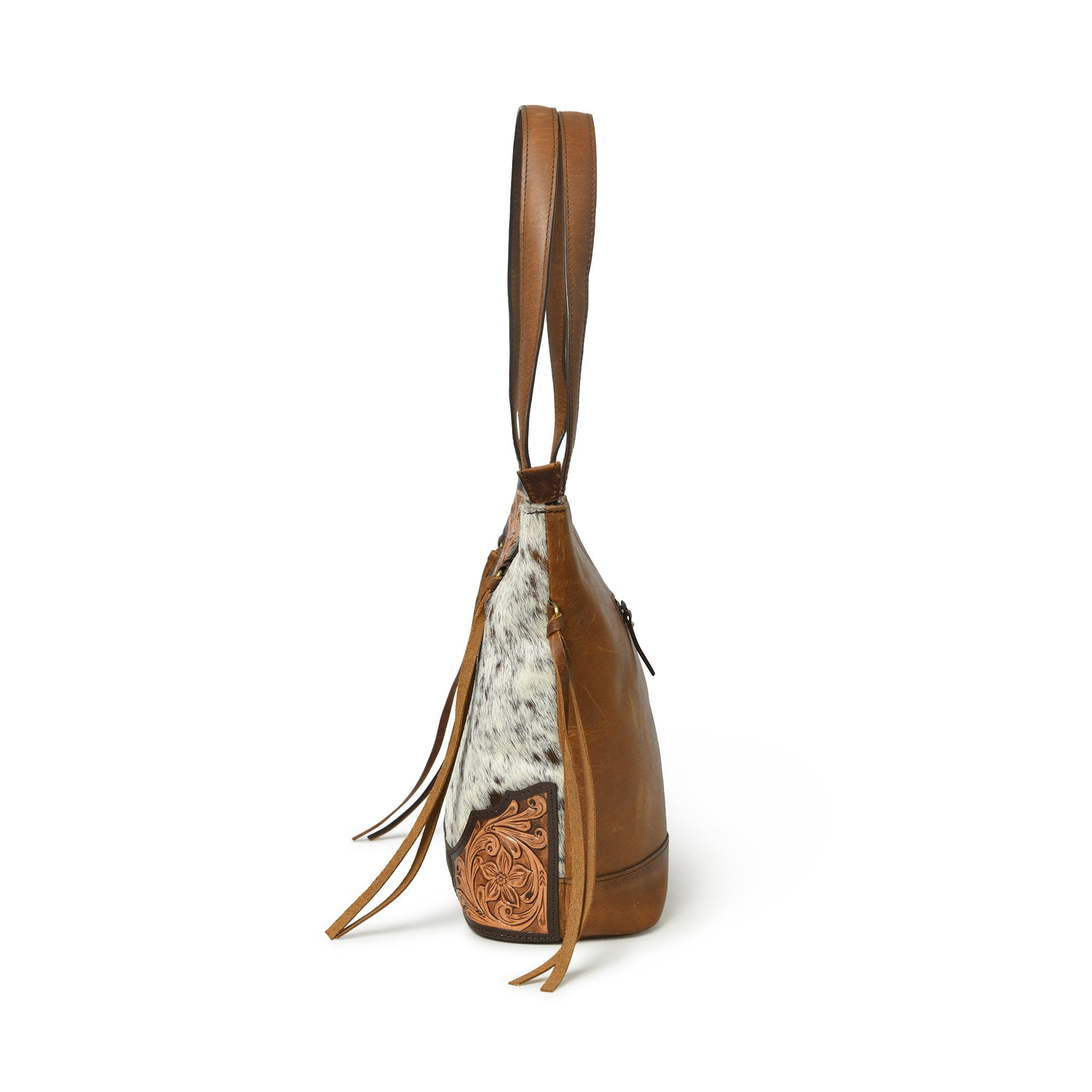 MOUSM Genuine Cow Hide Leather Tote Bag for Women - Tote Bag with Hand-Tooled Floral Patch on Real Hair On Cow Hide Leather Front with Side Fringe, High-Quality Zipper Closure