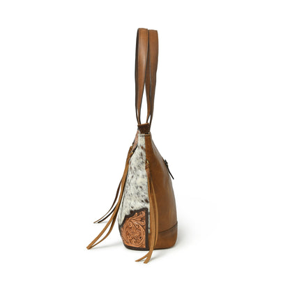 MOUSM Genuine Cow Hide Leather Tote Bag for Women - Tote Bag with Hand-Tooled Floral Patch on Real Hair On Cow Hide Leather Front with Side Fringe, High-Quality Zipper Closure
