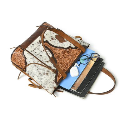 MOUSM Genuine Cow Hide Leather Tote Bag for Women - Tote Bag with Hand-Tooled Floral Patch on Real Hair On Cow Hide Leather Front with Side Fringe, High-Quality Zipper Closure