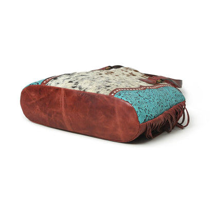 MOUSM Genuine Leather Tote Bag for Women – Western Style Hair-On Leather Front with Teal Embossed Flower Print on Soft Waxed Cherry Leather, Side Fringe &amp; Rawhide Braiding, High-Quality Brass Zipper Closure