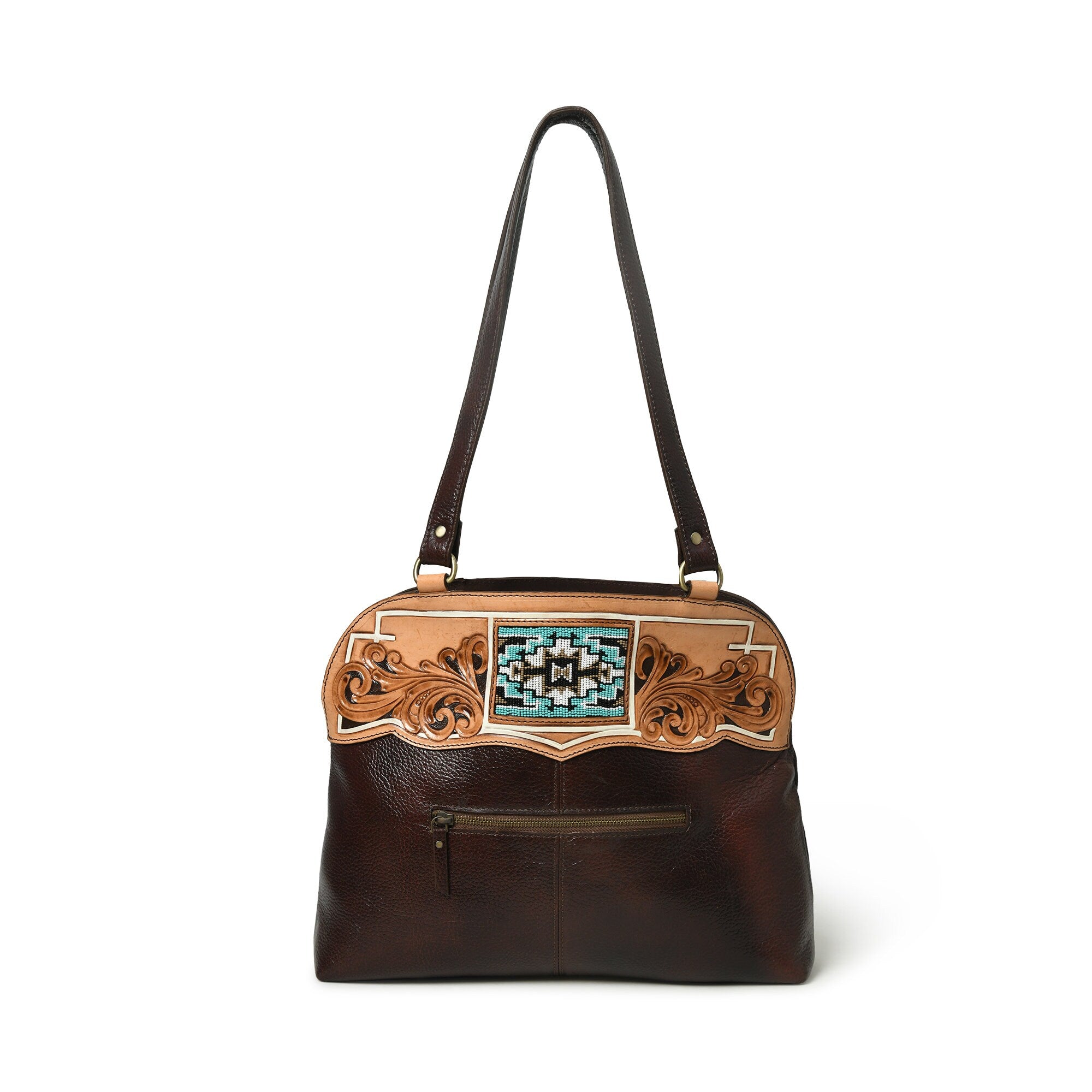 MOUSM Top Grain Leather Tote Bag for Women -Handbag with Beautiful Hand-Tooled Floral Print, High-Quality Zipper Closure