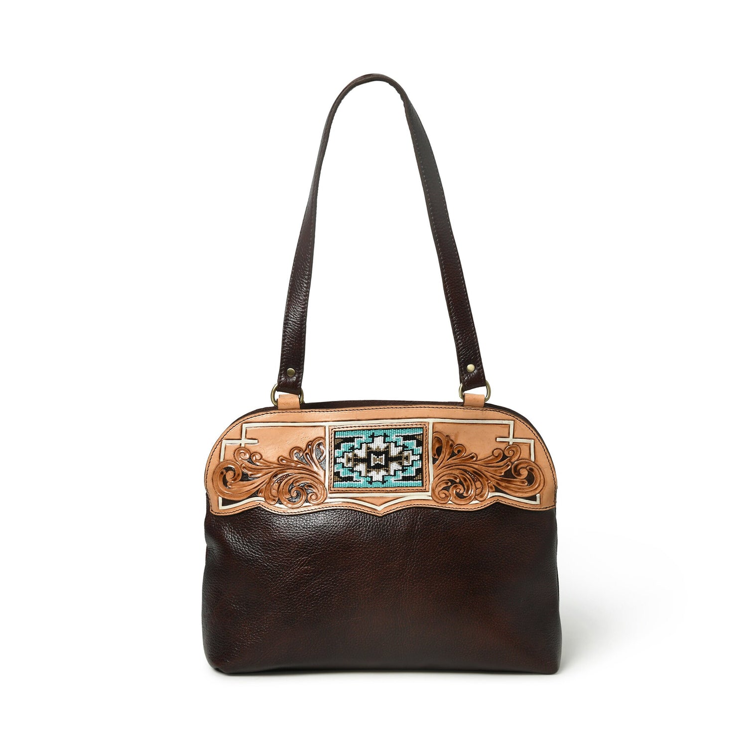 MOUSM Top Grain Leather Tote Bag for Women -Handbag with Beautiful Hand-Tooled Floral Print, High-Quality Zipper Closure