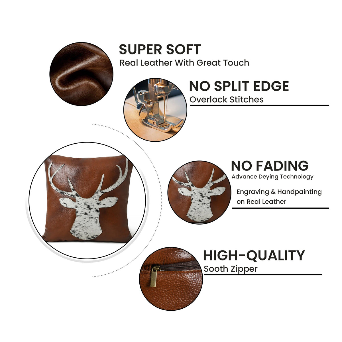 MOUSM Real Cowhide Leather Cushion Cover – 18x18 Inch Decorative Pillow Cover with Engraved Hair-On Deer Patch – Designer Throw Pillow Case for Sofa, Couch, Living Room &amp; Bedroom (Brown)