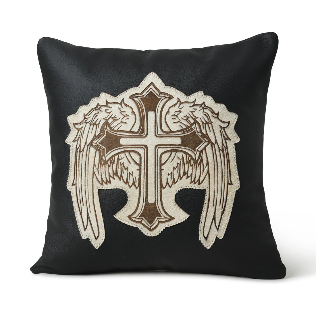 MOUSM Real Cowhide Leather Cushion Cover – 18x18 Inch Decorative Throw Pillow Cover with White Engraved Hair On Cross Wing Patch – Designer Leather Cushion Cover for Sofa, Couch, Living Room &amp; Bedroom