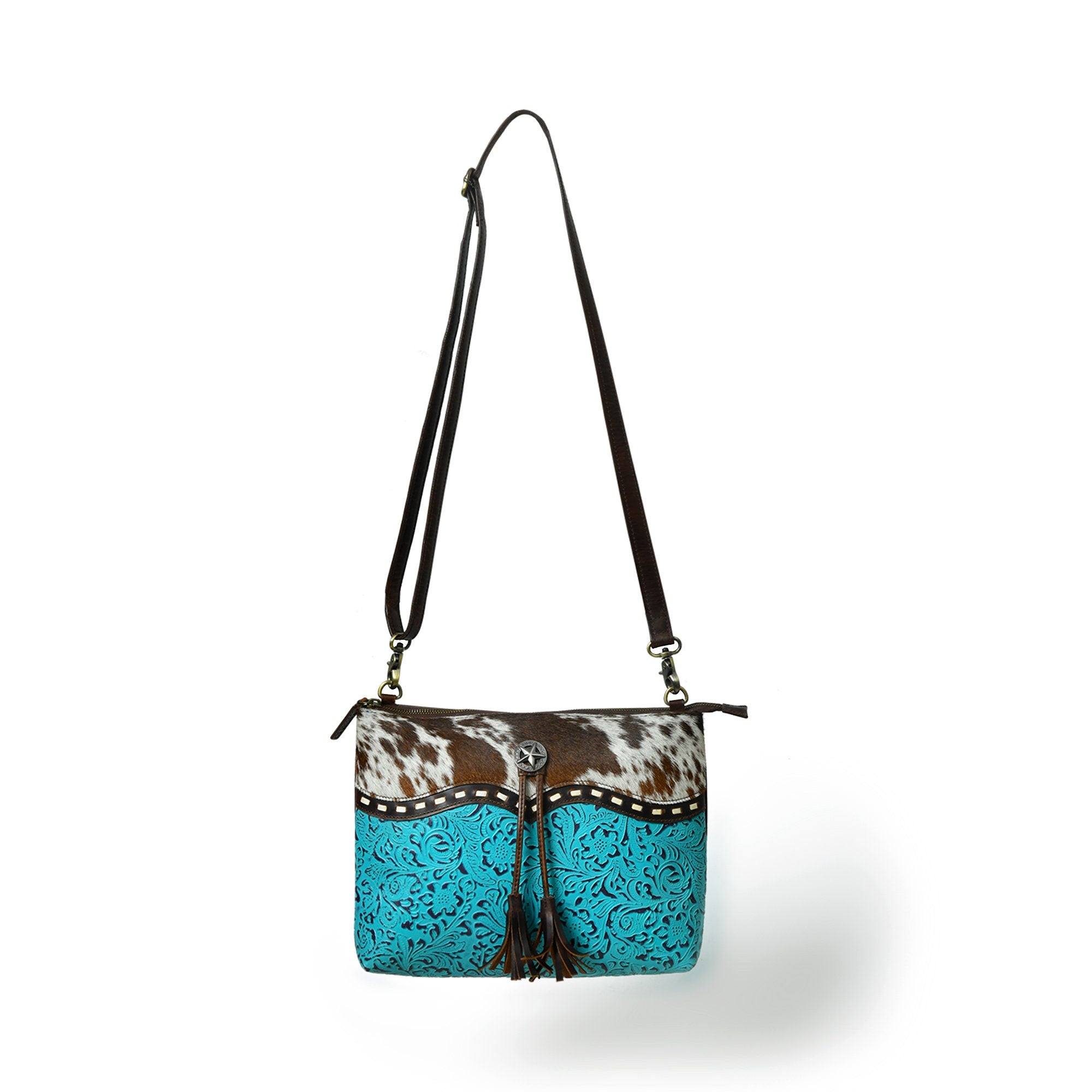 MOUSM Genuine Cow Leather Crossbody Bag - Real Hair-On Cow Hide Patch, Flower Embossed Turquoise Design, High-Quality Zipper Closure with Removable and Adjustable Strap