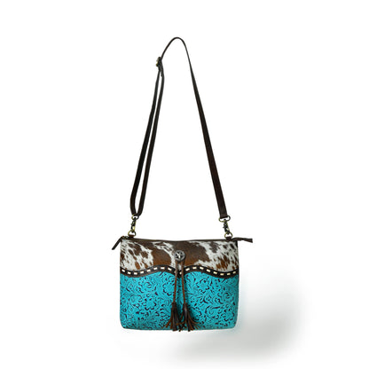 MOUSM Genuine Cow Leather Crossbody Bag - Real Hair-On Cow Hide Patch, Flower Embossed Turquoise Design, High-Quality Zipper Closure with Removable and Adjustable Strap