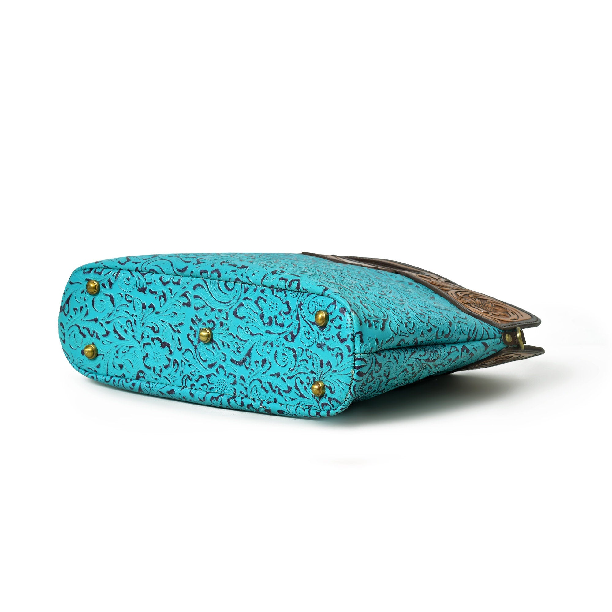 MOUSM Genuine Cow Leather Crossbody Bag - Decorated with Hand-Tooled Floral Carving Leather Handle, Flower Embossed Turquoise Design, High-Quality Zipper Closure with Removable and Adjustable Strap