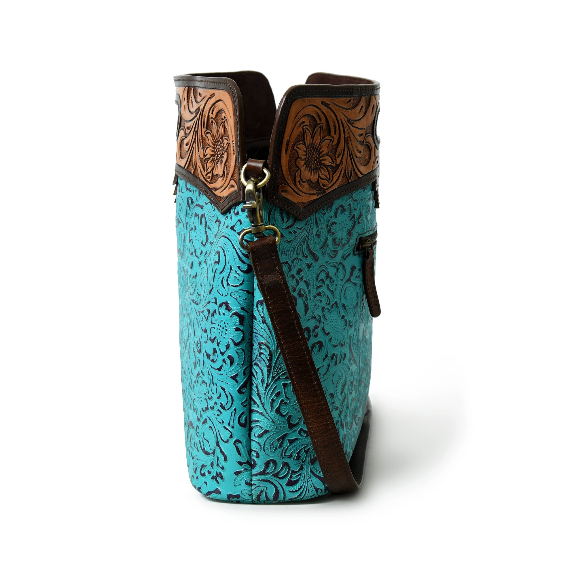 MOUSM Genuine Cow Leather Crossbody Bag - Decorated with Hand-Tooled Floral Carving Leather Handle, Flower Embossed Turquoise Design, High-Quality Zipper Closure with Removable and Adjustable Strap
