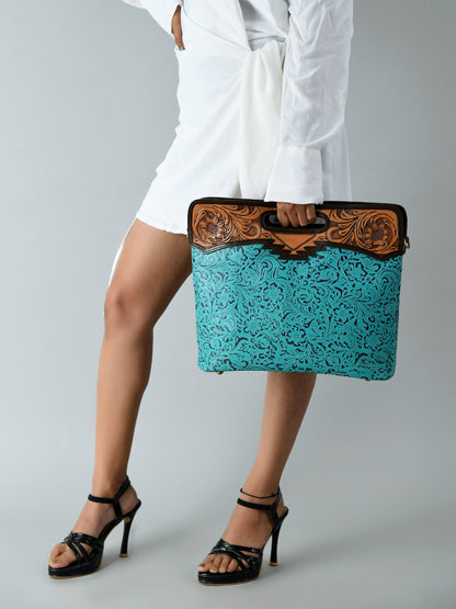 MOUSM Genuine Cow Leather Crossbody Bag - Decorated with Hand-Tooled Floral Carving Leather Handle, Flower Embossed Turquoise Design, High-Quality Zipper Closure with Removable and Adjustable Strap
