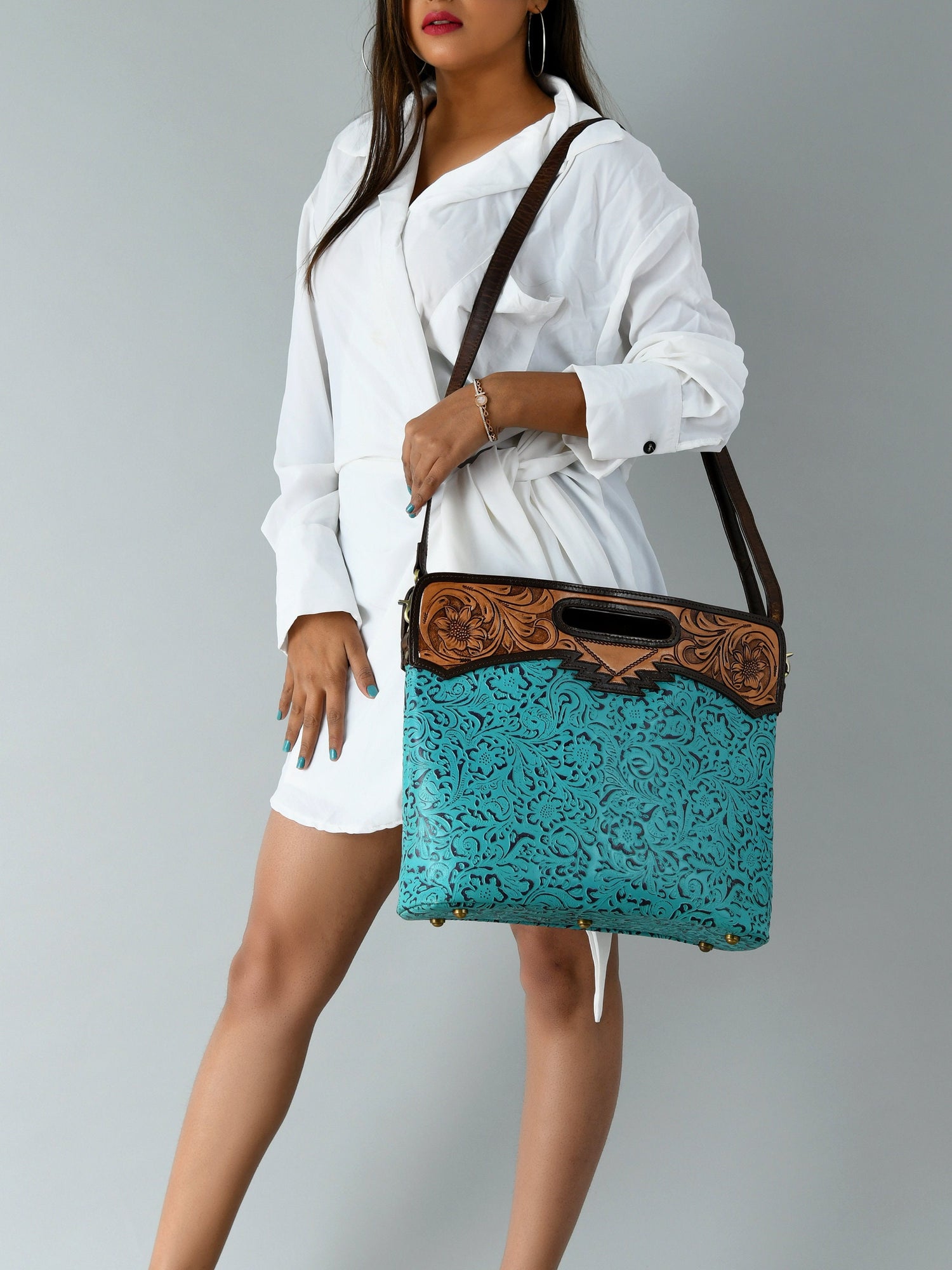 MOUSM Genuine Cow Leather Crossbody Bag - Decorated with Hand-Tooled Floral Carving Leather Handle, Flower Embossed Turquoise Design, High-Quality Zipper Closure with Removable and Adjustable Strap