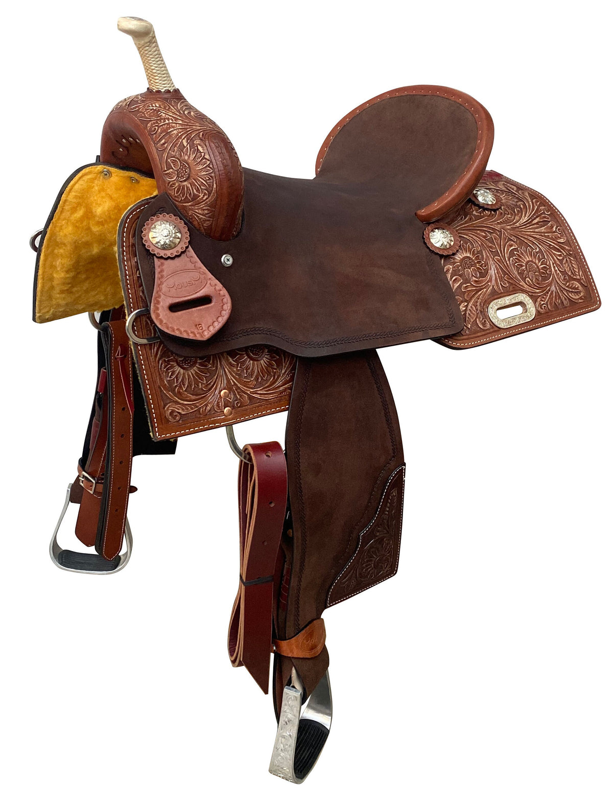 MOUSM Western Horse Saddle – Handcrafted Barrel Saddle Built on a Rawhide-Covered Fiber Tree with Hand-Tooled Sunflower Design &amp; Fancy Conchos, Seat Sizes: 13"–17" Inches