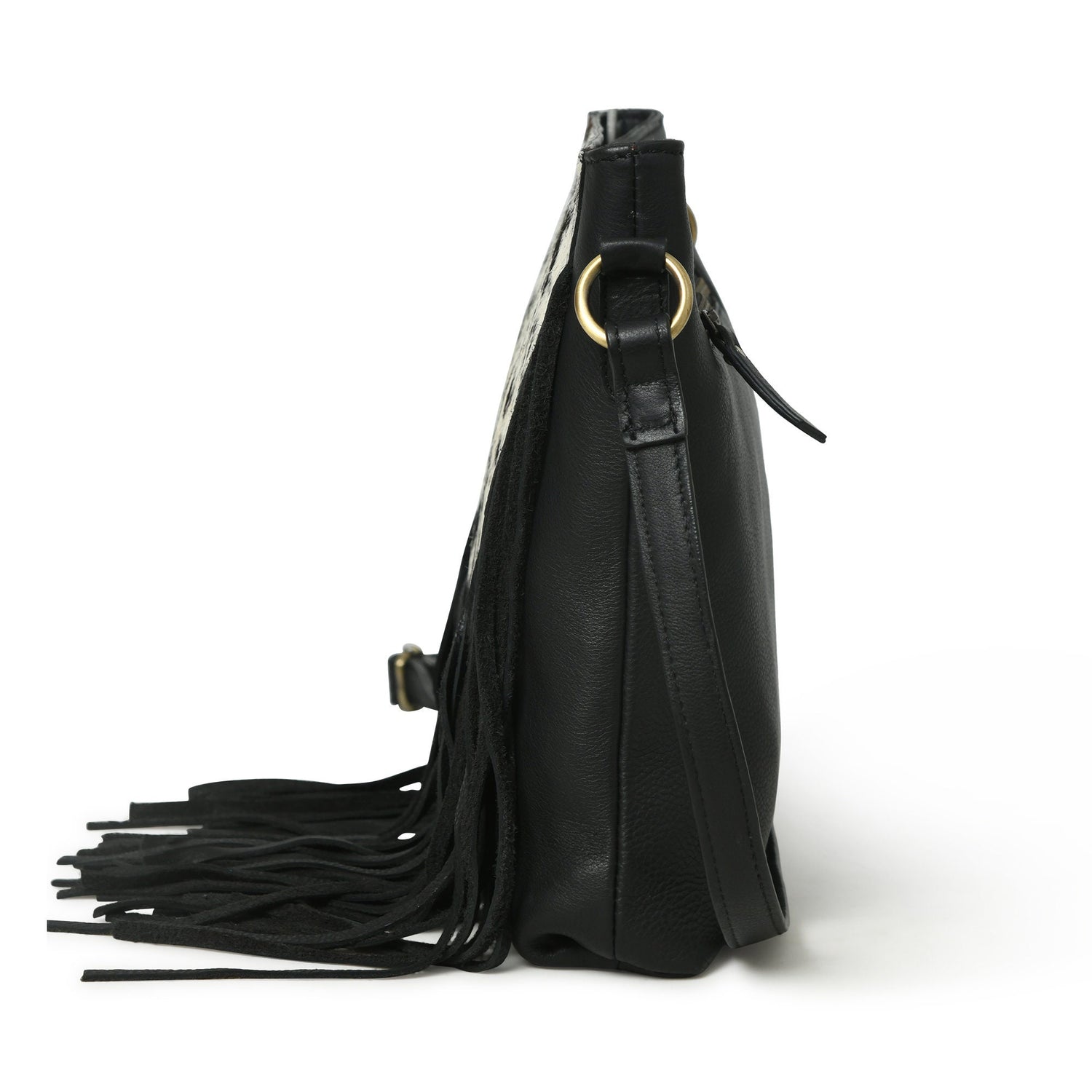 MOUSM Genuine Leather Ladies Shoulder Bag - Decorated with Large Inverted Triangle Hair-On Cow Hide Patch Leather Bags with Long Black Leather Fringe, High-Quality Zipper Closure with Adjustable Strap