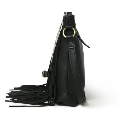 MOUSM Genuine Leather Ladies Shoulder Bag - Decorated with Large Inverted Triangle Hair-On Cow Hide Patch Leather Bags with Long Black Leather Fringe, High-Quality Zipper Closure with Adjustable Strap