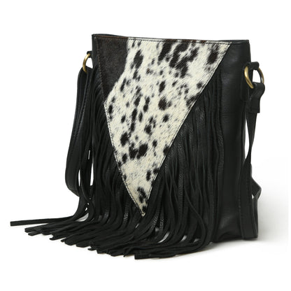 MOUSM Genuine Leather Ladies Shoulder Bag - Decorated with Large Inverted Triangle Hair-On Cow Hide Patch Leather Bags with Long Black Leather Fringe, High-Quality Zipper Closure with Adjustable Strap