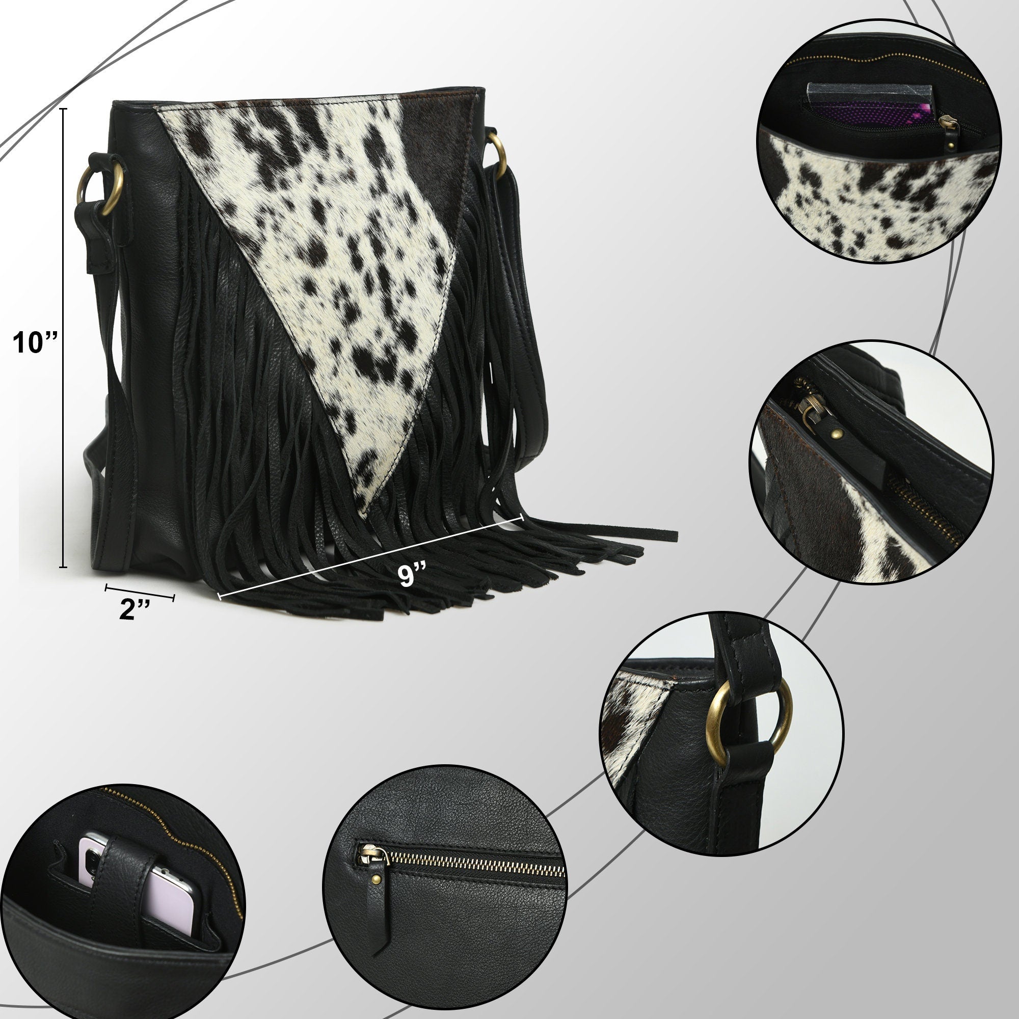 MOUSM Genuine Leather Ladies Shoulder Bag - Decorated with Large Inverted Triangle Hair-On Cow Hide Patch Leather Bags with Long Black Leather Fringe, High-Quality Zipper Closure with Adjustable Strap