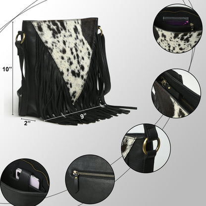 MOUSM Genuine Leather Ladies Shoulder Bag - Decorated with Large Inverted Triangle Hair-On Cow Hide Patch Leather Bags with Long Black Leather Fringe, High-Quality Zipper Closure with Adjustable Strap