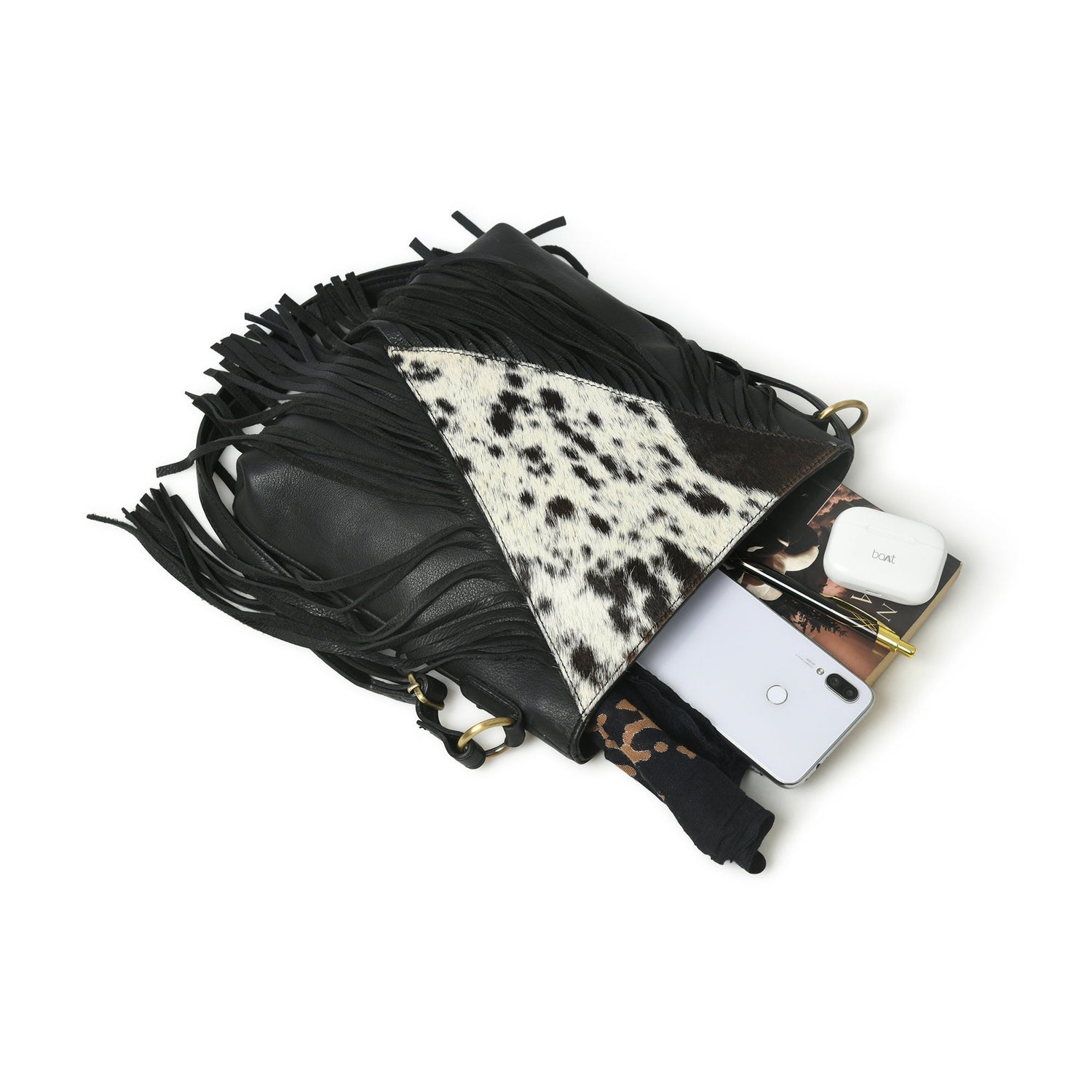 MOUSM Genuine Leather Ladies Shoulder Bag - Decorated with Large Inverted Triangle Hair-On Cow Hide Patch Leather Bags with Long Black Leather Fringe, High-Quality Zipper Closure with Adjustable Strap