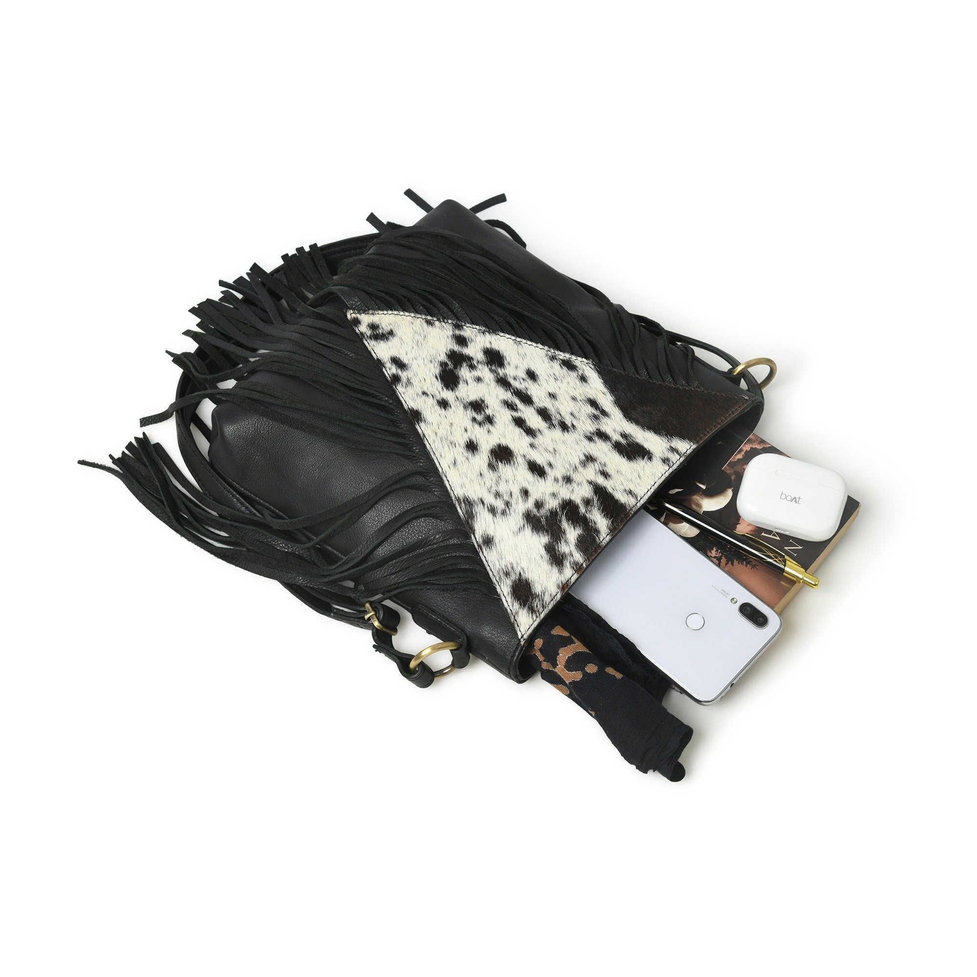MOUSM Genuine Leather Ladies Shoulder Bag - Decorated with Large Inverted Triangle Hair-On Cow Hide Patch Leather Bags with Long Black Leather Fringe, High-Quality Zipper Closure with Adjustable Strap