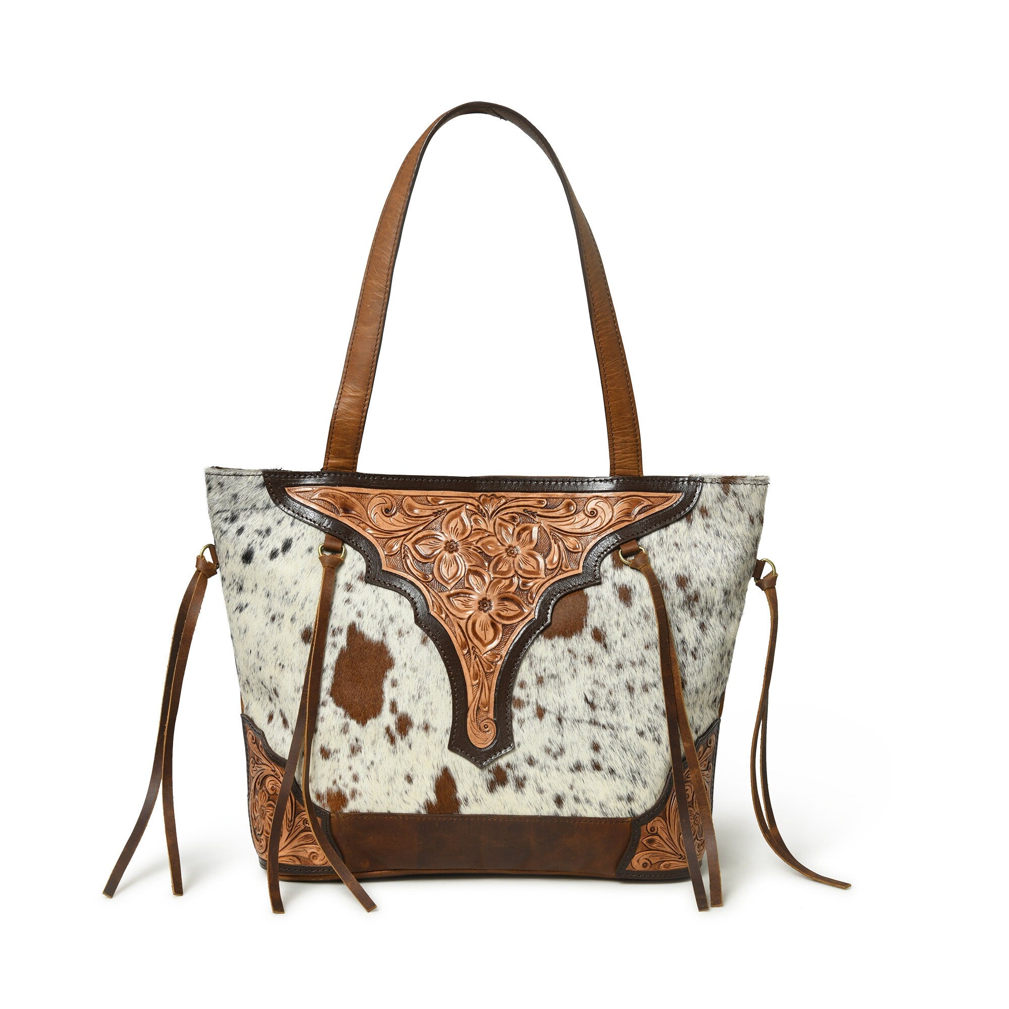 MOUSM Genuine Cow Hide Leather Tote Bag for Women - Tote Bag with Hand-Tooled Floral Patch on Real Hair On Cow Hide Leather Front with Side Fringe, High-Quality Zipper Closure