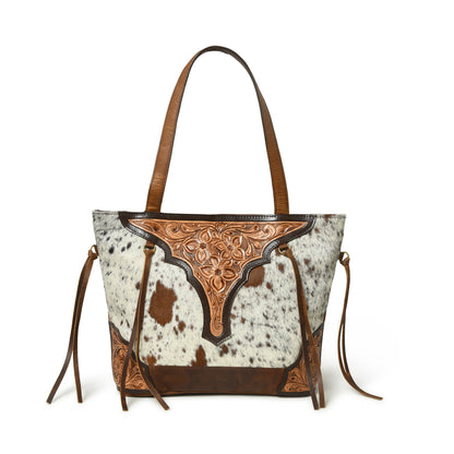 MOUSM Genuine Cow Hide Leather Tote Bag for Women - Tote Bag with Hand-Tooled Floral Patch on Real Hair On Cow Hide Leather Front with Side Fringe, High-Quality Zipper Closure