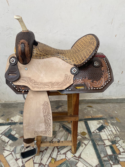 Western Saddle tack, Real handcrafted on real genuine Leather, Barrel Saddle for Horse Riders with alligator look fancy conchos by MOUSM