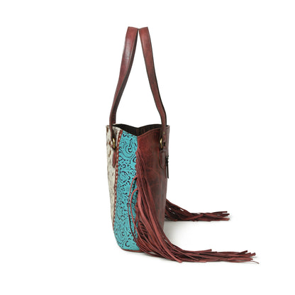MOUSM Genuine Leather Tote Bag for Women – Western Style Hair-On Leather Front with Teal Embossed Flower Print on Soft Waxed Cherry Leather, Side Fringe &amp; Rawhide Braiding, High-Quality Brass Zipper Closure