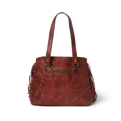 MOUSM Genuine Leather Tote Bag for Women – Western Style Hair-On Leather Front with Teal Embossed Flower Print on Soft Waxed Cherry Leather, Side Fringe &amp; Rawhide Braiding, High-Quality Brass Zipper Closure