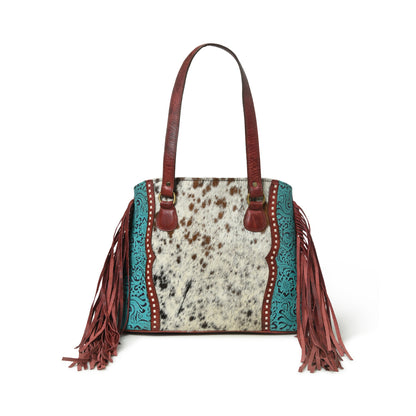 MOUSM Genuine Leather Tote Bag for Women – Western Style Hair-On Leather Front with Teal Embossed Flower Print on Soft Waxed Cherry Leather, Side Fringe &amp; Rawhide Braiding, High-Quality Brass Zipper Closure