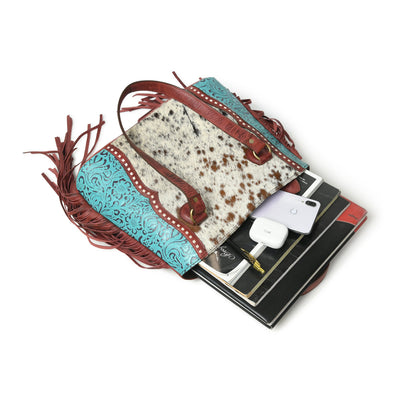 MOUSM Genuine Leather Tote Bag for Women – Western Style Hair-On Leather Front with Teal Embossed Flower Print on Soft Waxed Cherry Leather, Side Fringe &amp; Rawhide Braiding, High-Quality Brass Zipper Closure