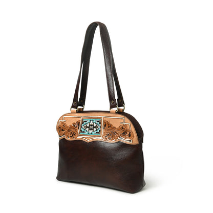 MOUSM Top Grain Leather Tote Bag for Women -Handbag with Beautiful Hand-Tooled Floral Print, High-Quality Zipper Closure