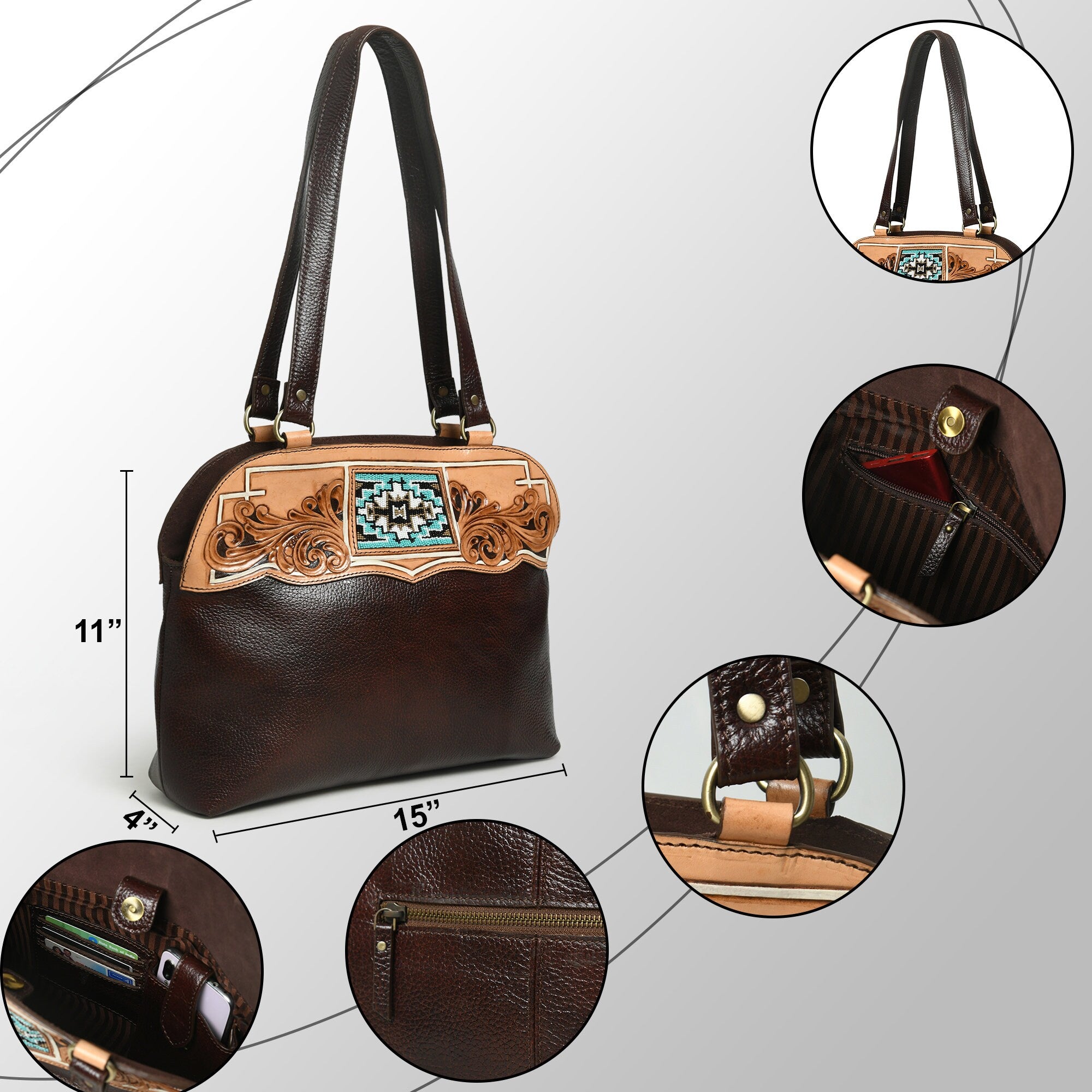 MOUSM Top Grain Leather Tote Bag for Women -Handbag with Beautiful Hand-Tooled Floral Print, High-Quality Zipper Closure