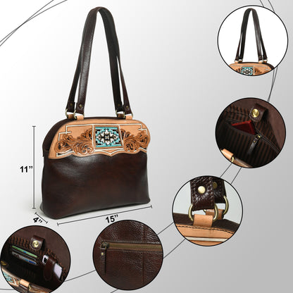 MOUSM Top Grain Leather Tote Bag for Women -Handbag with Beautiful Hand-Tooled Floral Print, High-Quality Zipper Closure