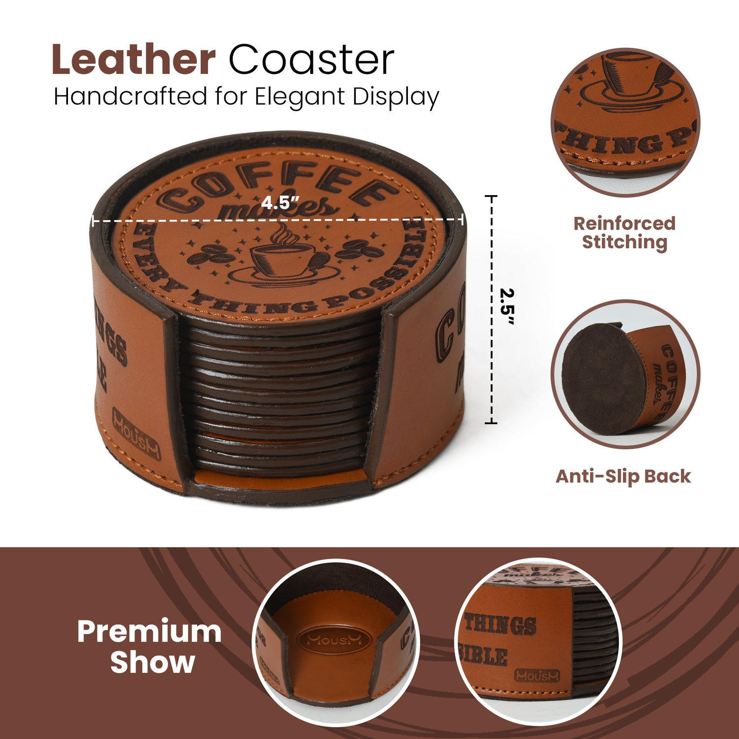 Mousm 12 Custom Leather Coasters, Coasters With Holder, Leather Coasters , Round Leather Coasters, Housewarming Gift, Wedding Gifts Barware