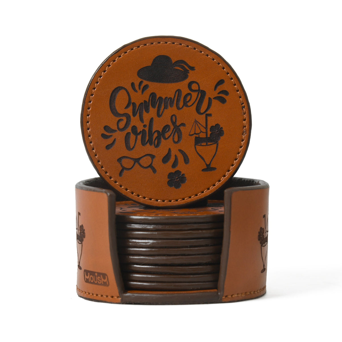 MOUSM Genuine Leather Coaster Set with Holder | Bar Decor | Drinking Mats | Coffe Mug Coaster | Leather Coasters | 12 Coasters Set "
