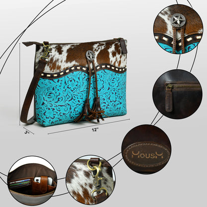 MOUSM Genuine Cow Leather Crossbody Bag - Real Hair-On Cow Hide Patch, Flower Embossed Turquoise Design, High-Quality Zipper Closure with Removable and Adjustable Strap