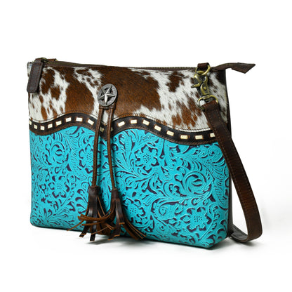 MOUSM Genuine Cow Leather Crossbody Bag - Real Hair-On Cow Hide Patch, Flower Embossed Turquoise Design, High-Quality Zipper Closure with Removable and Adjustable Strap