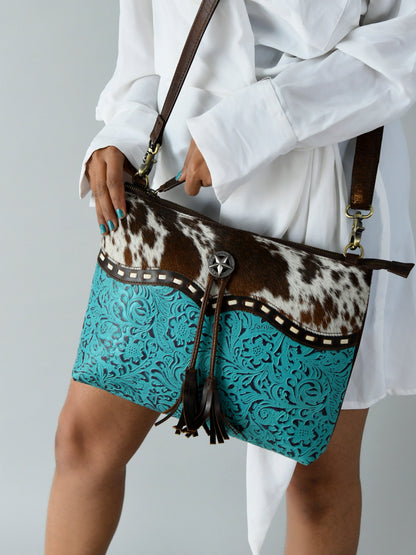 MOUSM Genuine Cow Leather Crossbody Bag - Real Hair-On Cow Hide Patch, Flower Embossed Turquoise Design, High-Quality Zipper Closure with Removable and Adjustable Strap