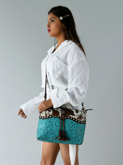 MOUSM Genuine Cow Leather Crossbody Bag - Real Hair-On Cow Hide Patch, Flower Embossed Turquoise Design, High-Quality Zipper Closure with Removable and Adjustable Strap