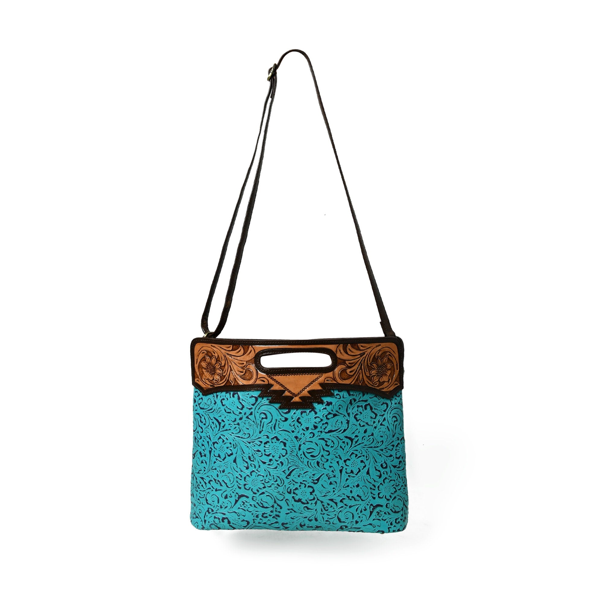 MOUSM Genuine Cow Leather Crossbody Bag - Decorated with Hand-Tooled Floral Carving Leather Handle, Flower Embossed Turquoise Design, High-Quality Zipper Closure with Removable and Adjustable Strap