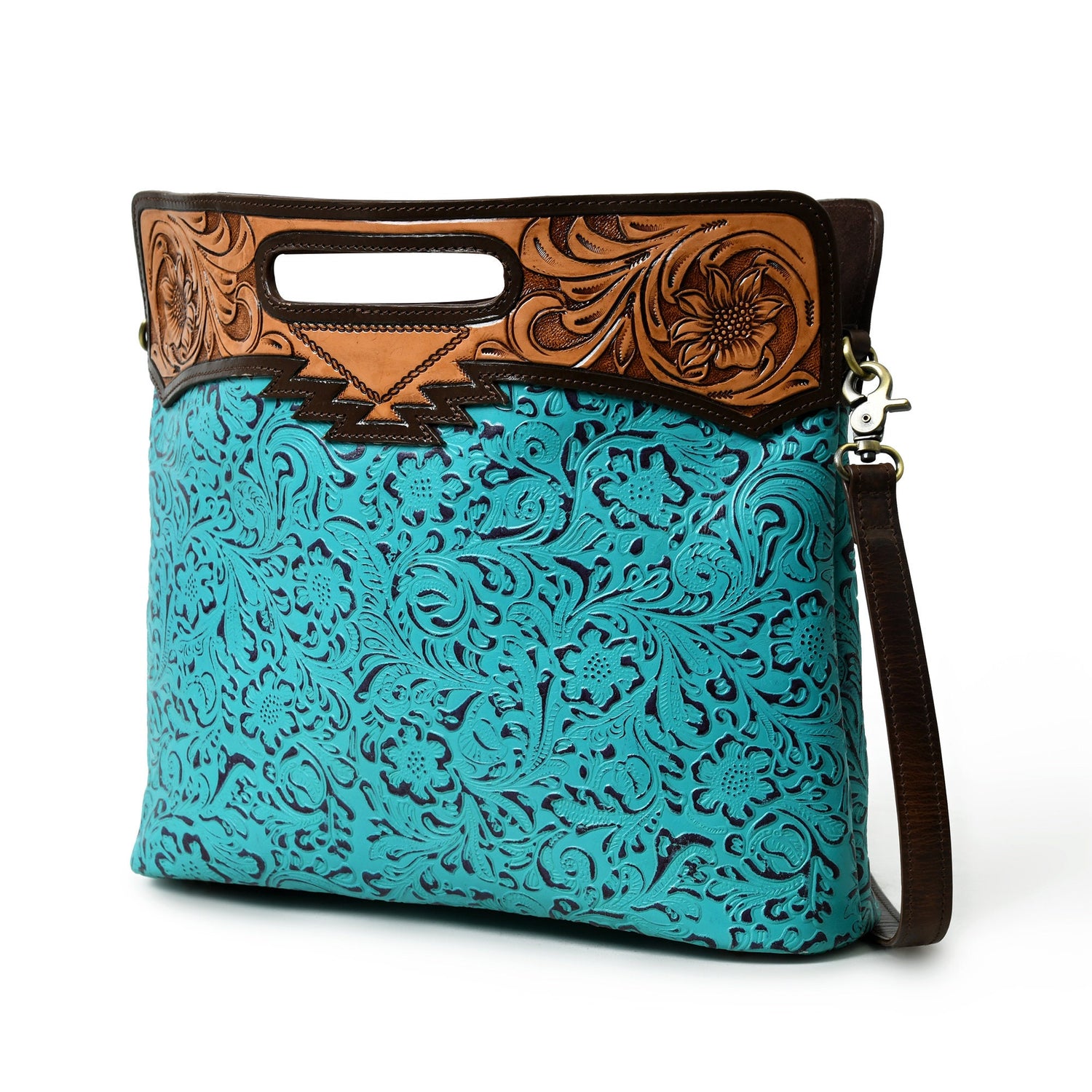 MOUSM Genuine Cow Leather Crossbody Bag - Decorated with Hand-Tooled Floral Carving Leather Handle, Flower Embossed Turquoise Design, High-Quality Zipper Closure with Removable and Adjustable Strap