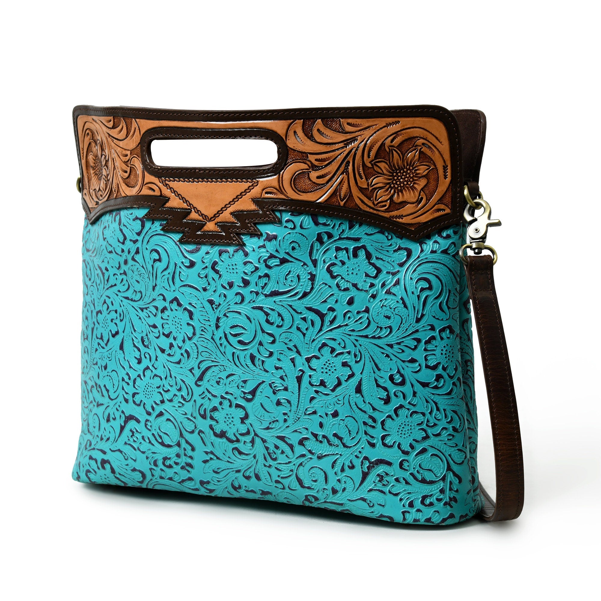 MOUSM Genuine Cow Leather Crossbody Bag - Decorated with Hand-Tooled Floral Carving Leather Handle, Flower Embossed Turquoise Design, High-Quality Zipper Closure with Removable and Adjustable Strap