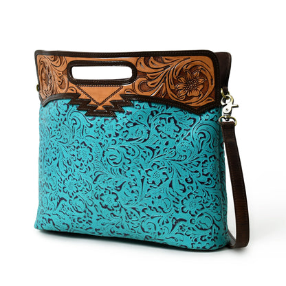 MOUSM Genuine Cow Leather Crossbody Bag - Decorated with Hand-Tooled Floral Carving Leather Handle, Flower Embossed Turquoise Design, High-Quality Zipper Closure with Removable and Adjustable Strap