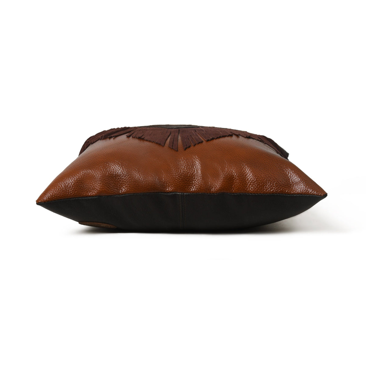 MOUSM Real Cowhide Leather Cushion Cover – 18x18 Inch Hair-On Leather Pillow Cover with Bull Head Design Patch and Chocolate Brown Fringe – Western Decorative Throw Pillow Case for Sofa, Couch, Living Room &amp; Bedroom