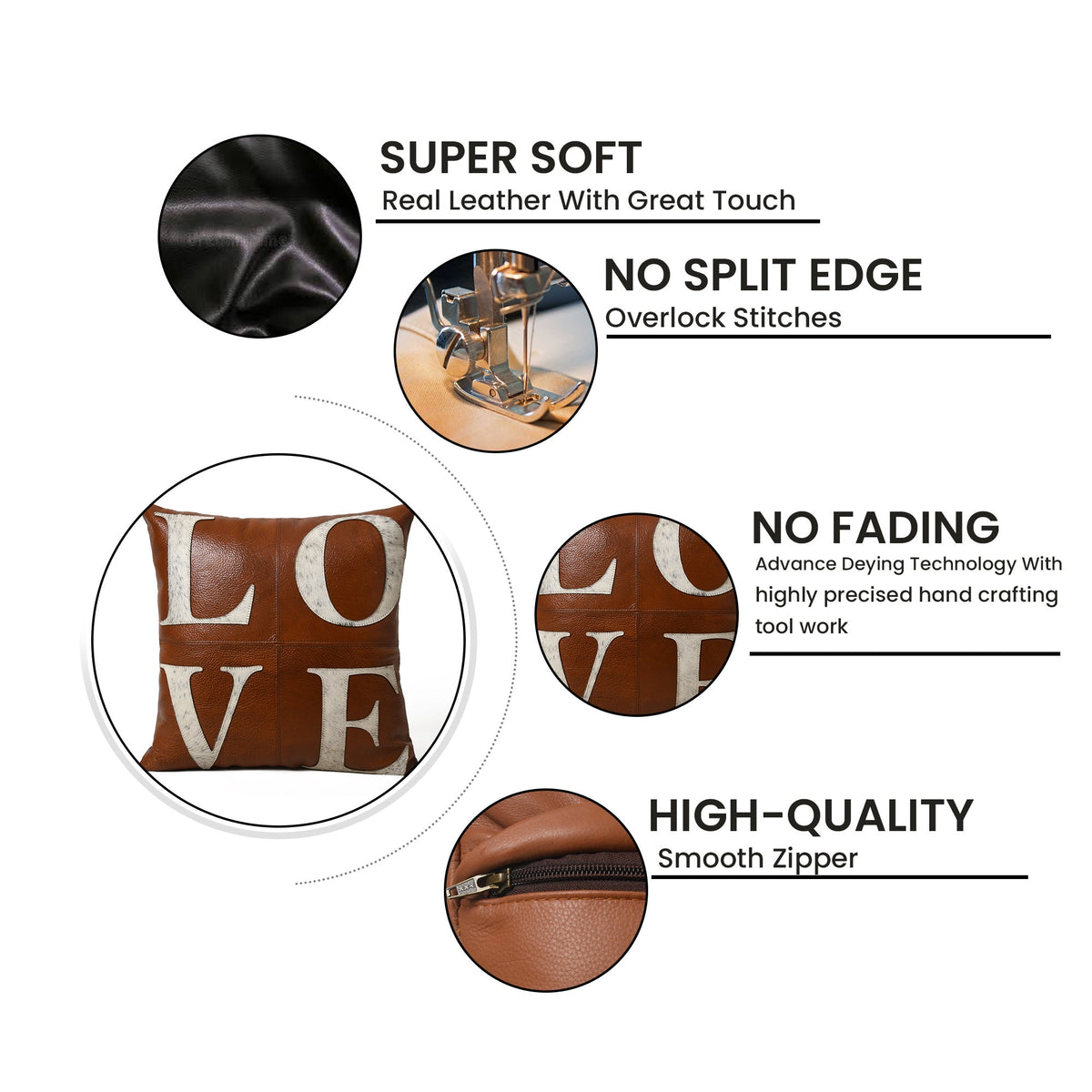 MOUSM Real Cowhide Leather Cushion Cover – 18x18 Inches Tan Leather Pillow Cover with Hair On LOVE Patch Design – Designer Throw Pillow Case for Sofa, Couch, Living Room &amp; Bedroom