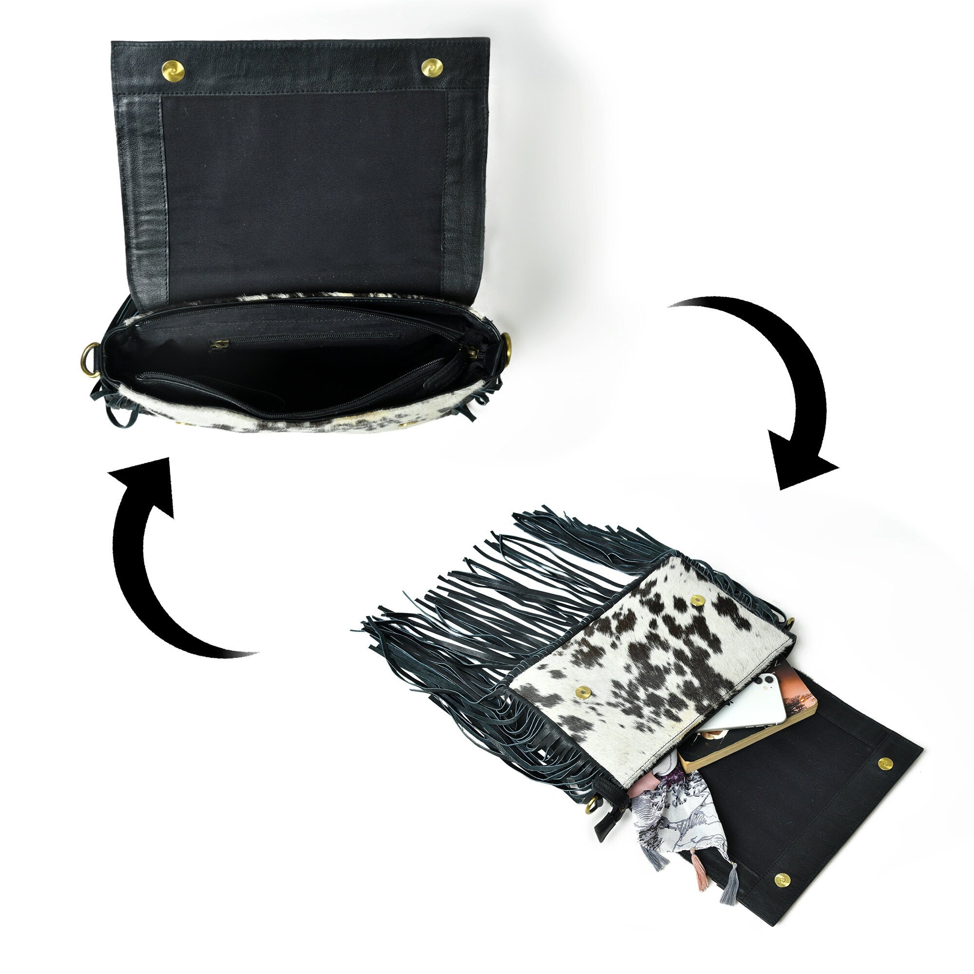 MOUSM Genuine Hair-On Cow Hide Leather Crossbody Bag - Leather Purse for Women with Hand-Tooled Leather Patch with Long Black Fringe Bag, High-Quality Zipper Closure with Removable and Adjustable Strap