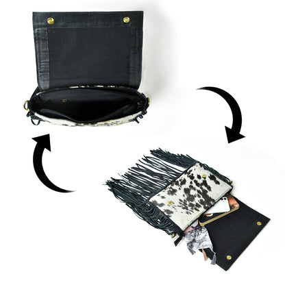 MOUSM Genuine Hair-On Cow Hide Leather Crossbody Bag - Leather Purse for Women with Hand-Tooled Leather Patch with Long Black Fringe Bag, High-Quality Zipper Closure with Removable and Adjustable Strap