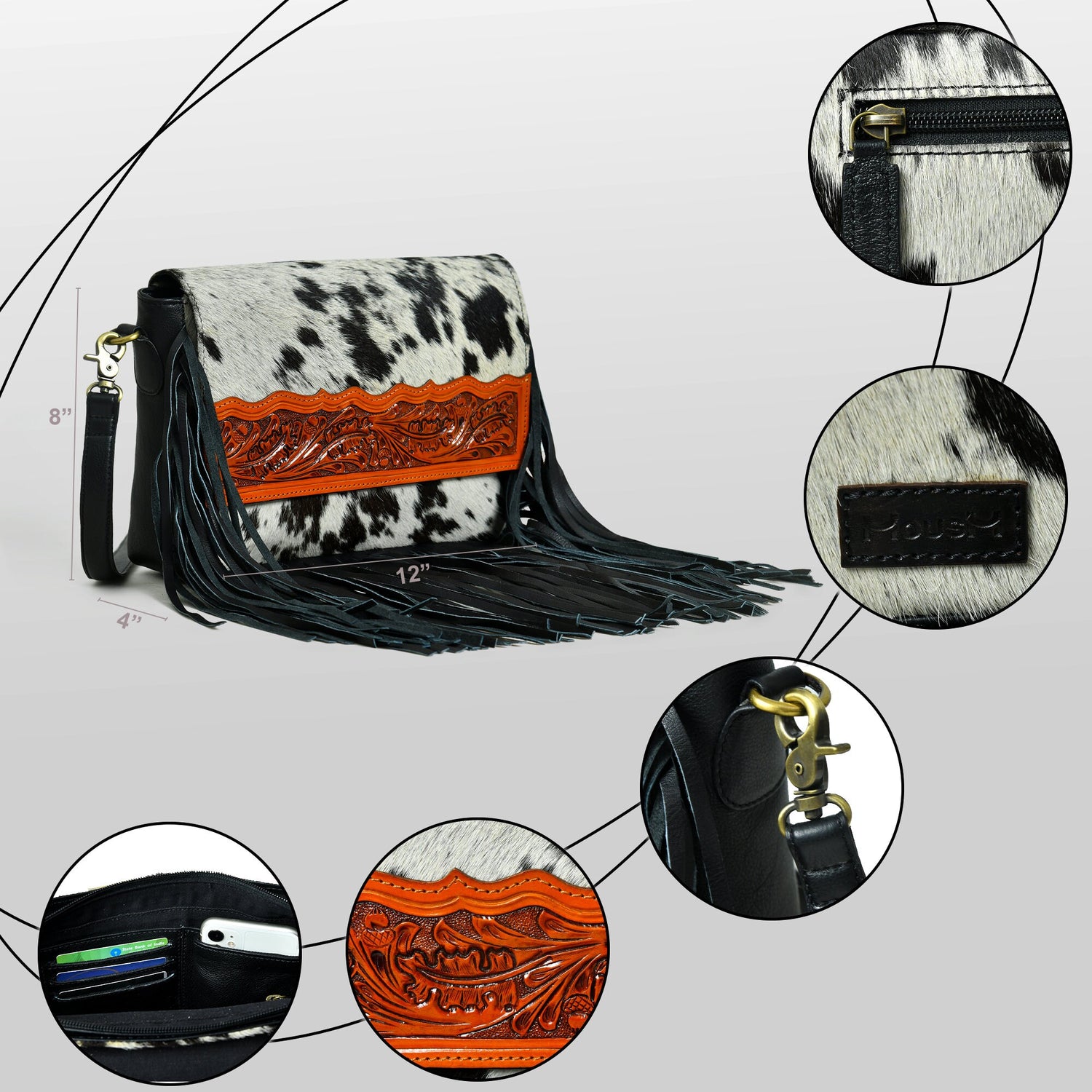 MOUSM Genuine Hair-On Cow Hide Leather Crossbody Bag - Leather Purse for Women with Hand-Tooled Leather Patch with Long Black Fringe Bag, High-Quality Zipper Closure with Removable and Adjustable Strap
