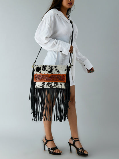 MOUSM Genuine Hair-On Cow Hide Leather Crossbody Bag - Leather Purse for Women with Hand-Tooled Leather Patch with Long Black Fringe Bag, High-Quality Zipper Closure with Removable and Adjustable Strap
