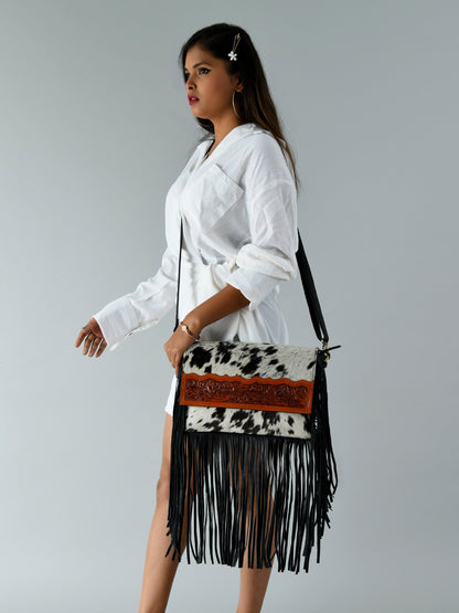 MOUSM Genuine Hair-On Cow Hide Leather Crossbody Bag - Leather Purse for Women with Hand-Tooled Leather Patch with Long Black Fringe Bag, High-Quality Zipper Closure with Removable and Adjustable Strap